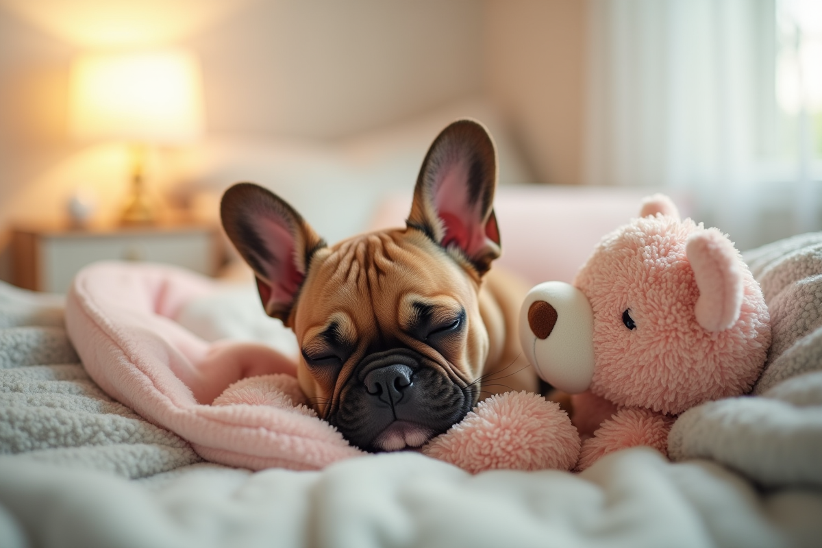 Chiot bulldog français dormant paisiblement dans une chambre