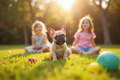 Chiot bulldog français jouant avec des enfants en plein air