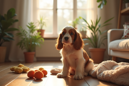 Jeune chiot cocker spaniel dans un salon ensoleille