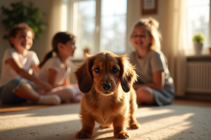 Chiot dachshund longhaire dans un salon familial chaleureux