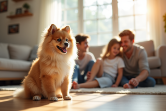 Chiot german spitz souriant avec famille dans le salon