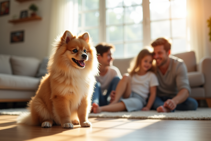Chiot german spitz souriant avec famille dans le salon