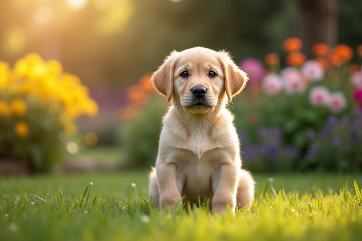 Chiot labrador dans un jardin avec fleurs au matin