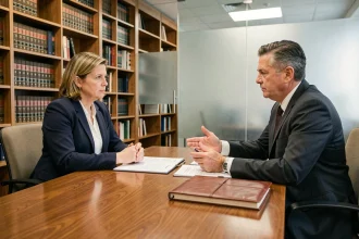 Réunion entre une cliente et son nouvel avocat autour de documents juridiques dans un cabinet d'avocats