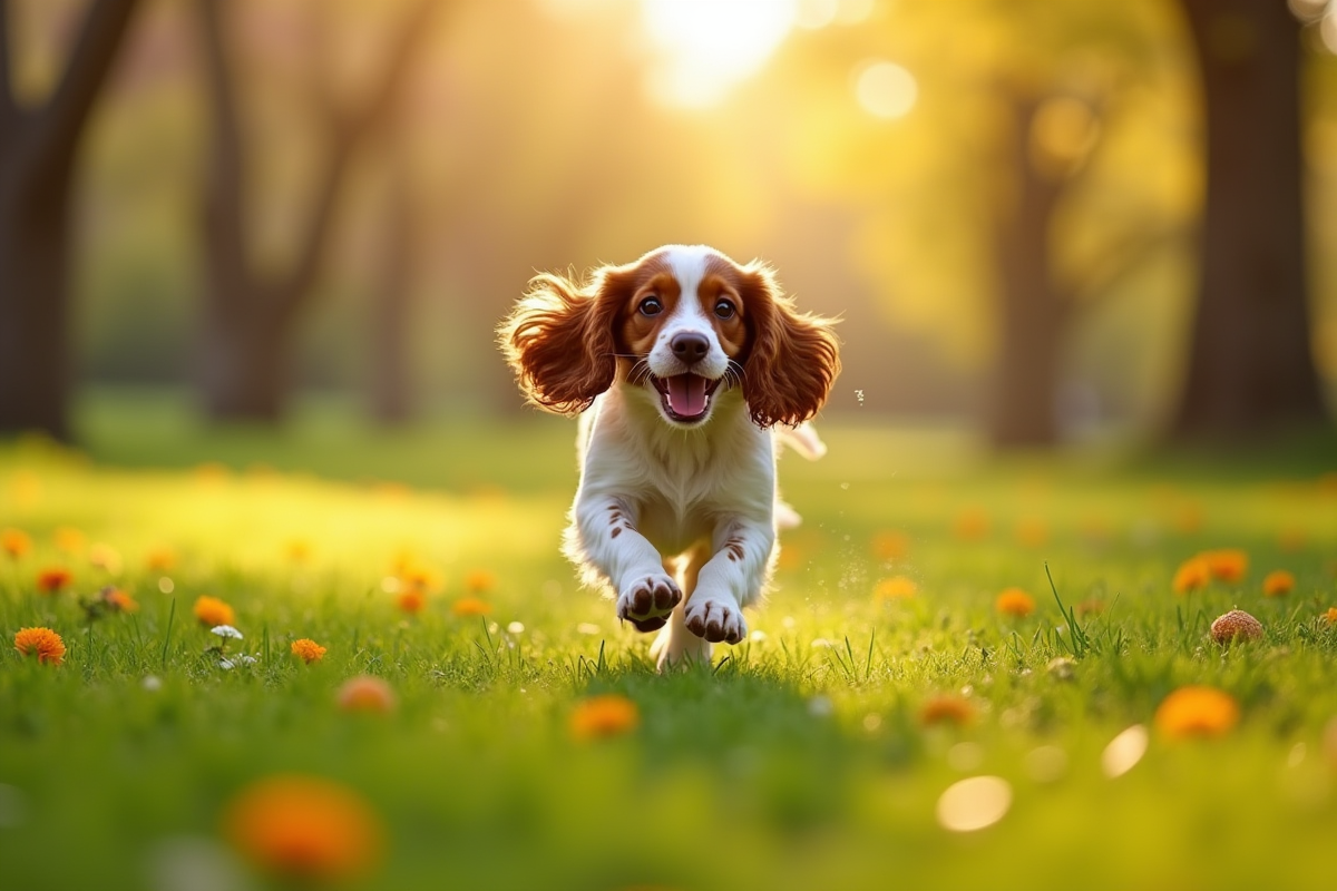 Chien cocker spaniel adulte courant dans un parc vert