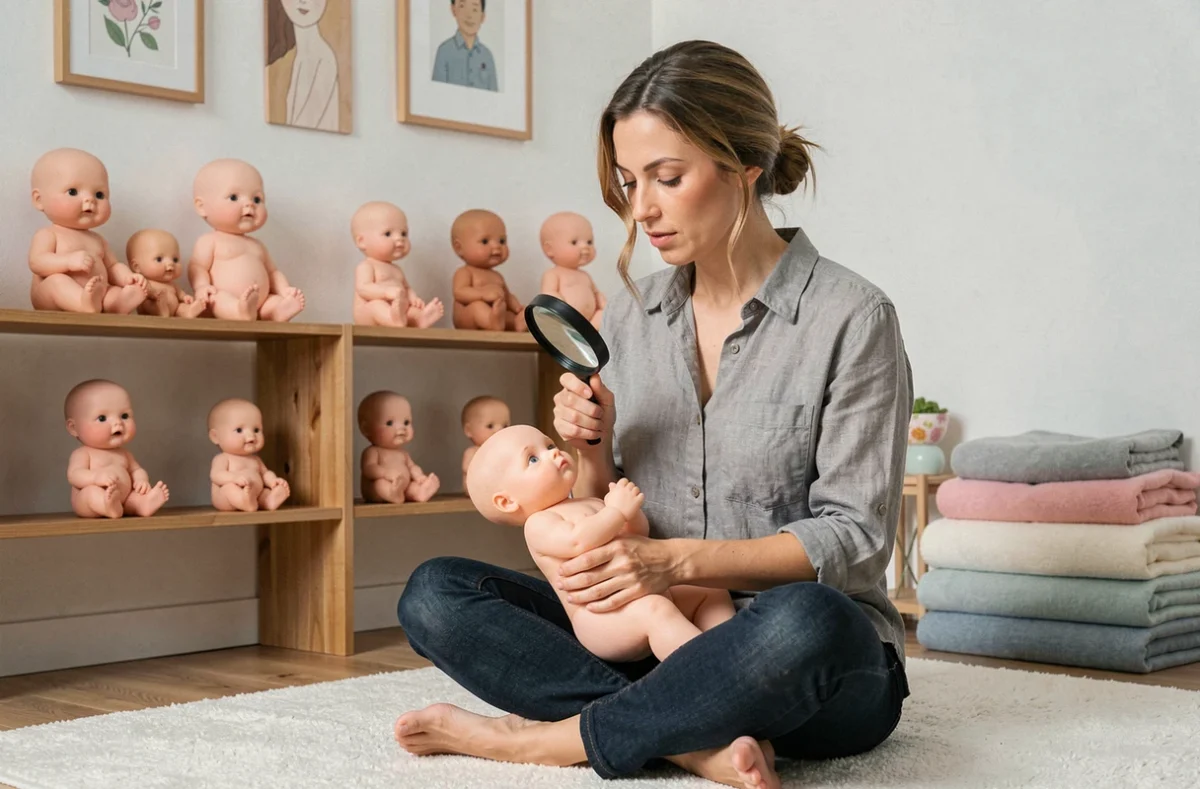 Collectionneuse adulte dans une salle dédiée aux bébés reborn en silicone, loisir organisé et passion assumée