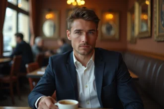 Homme mystérieux seul dans un café parisien, regard pensif et sourire ambigu, illustrant les rumeurs sur la vie privée de Jules Torres