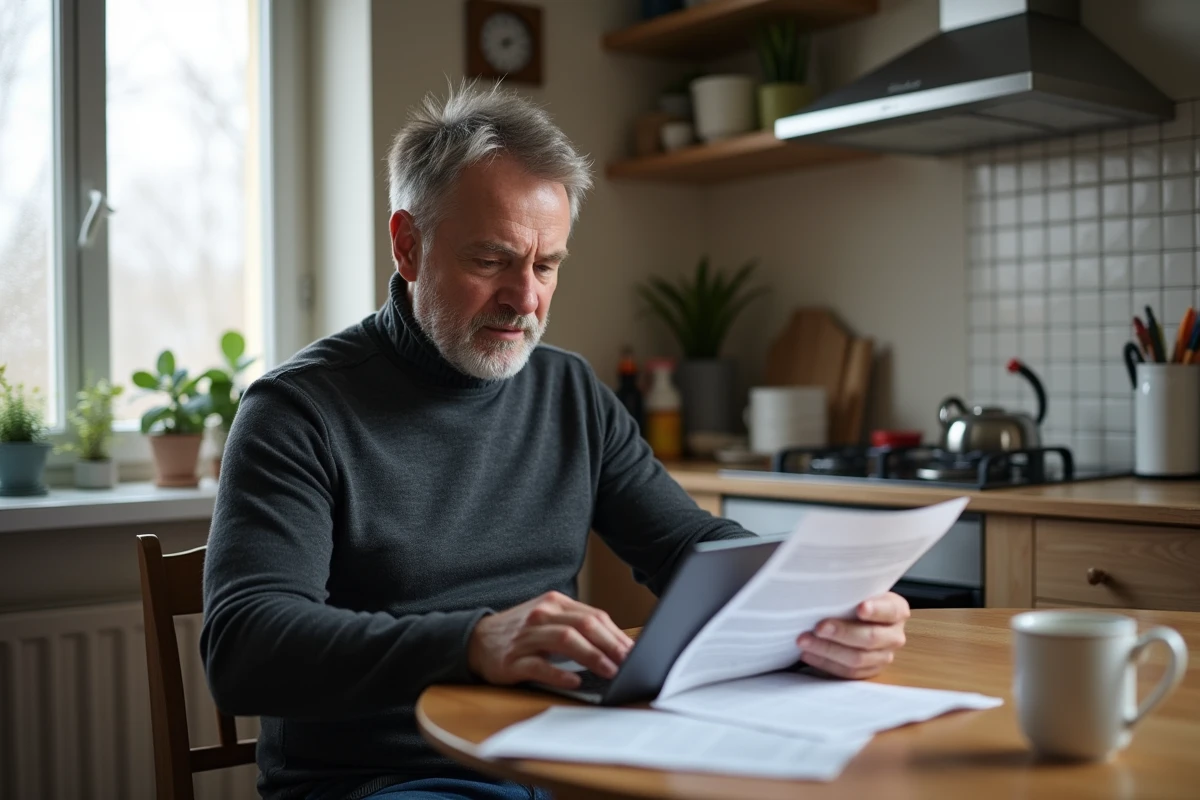 Homme consultant les services sociaux en ligne sur une tablette depuis son domicile