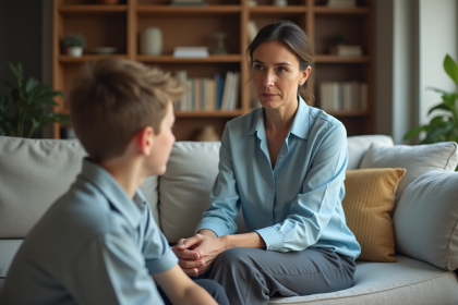 Femme et adolescent discutent dans un salon chaleureux