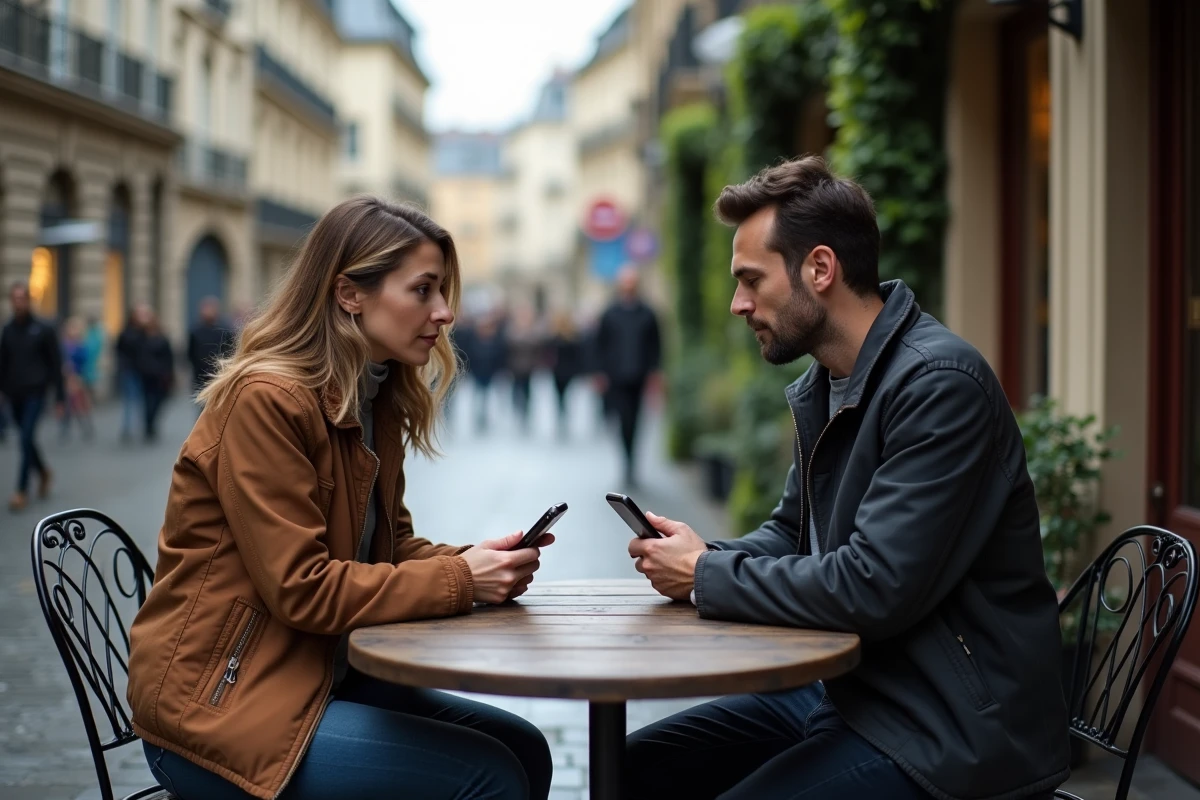 Deux adultes en conversation sérieuse dans un café parisien avec leurs téléphones posés sur la table, symbolisant les discussions autour de la vie privée et des rumeurs sur internet