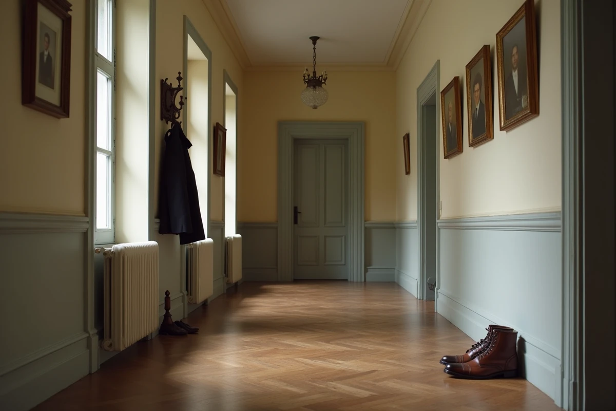 Couloir vide d'une maison française traditionnelle avec des chaussures Oxford posées près d'une porte fermée, évoquant l'absence et la discrétion dans les derniers mois d'une vie