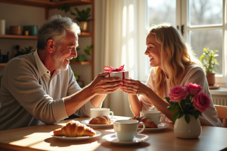 Couple dans la quarantaine échangeant des cadeaux au petit déjeuner