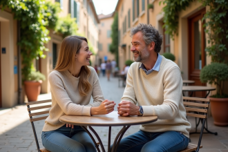 Couple souriant sur une terrasse en Provence