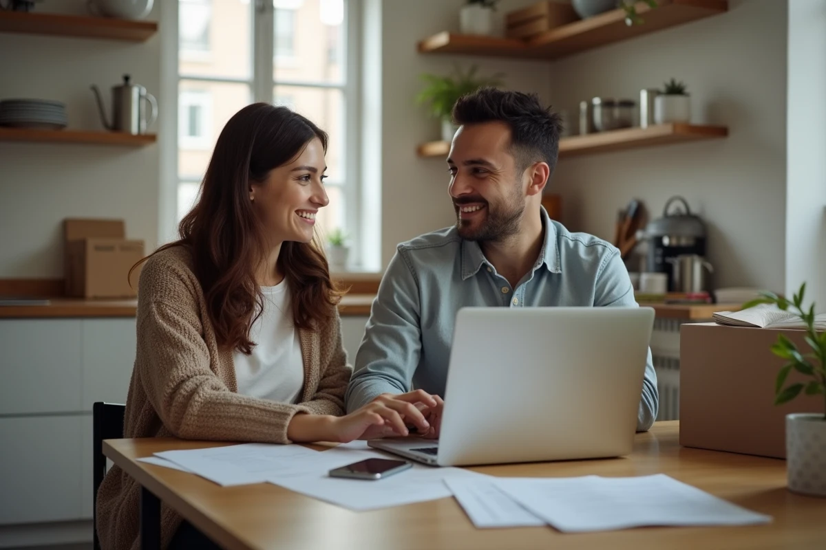 Couple effectuant leur changement de caisse d'allocations familiales en ligne depuis leur nouvel appartement après un déménagement