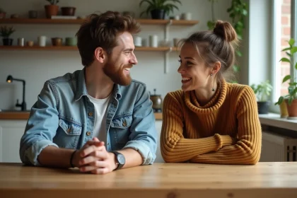Un couple discutant dans une cuisine moderne et lumineuse
