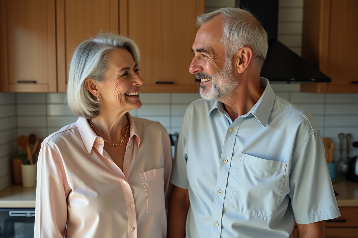 Couple interracial mature partageant un moment dans la cuisine