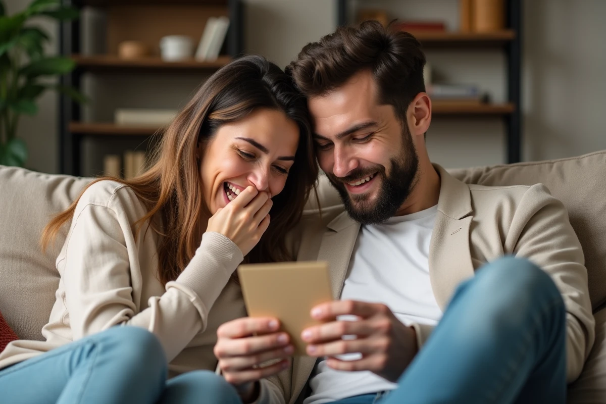 Couple découvrant l'annonce de grossesse avec une carte à gratter personnalisée sur leur canapé