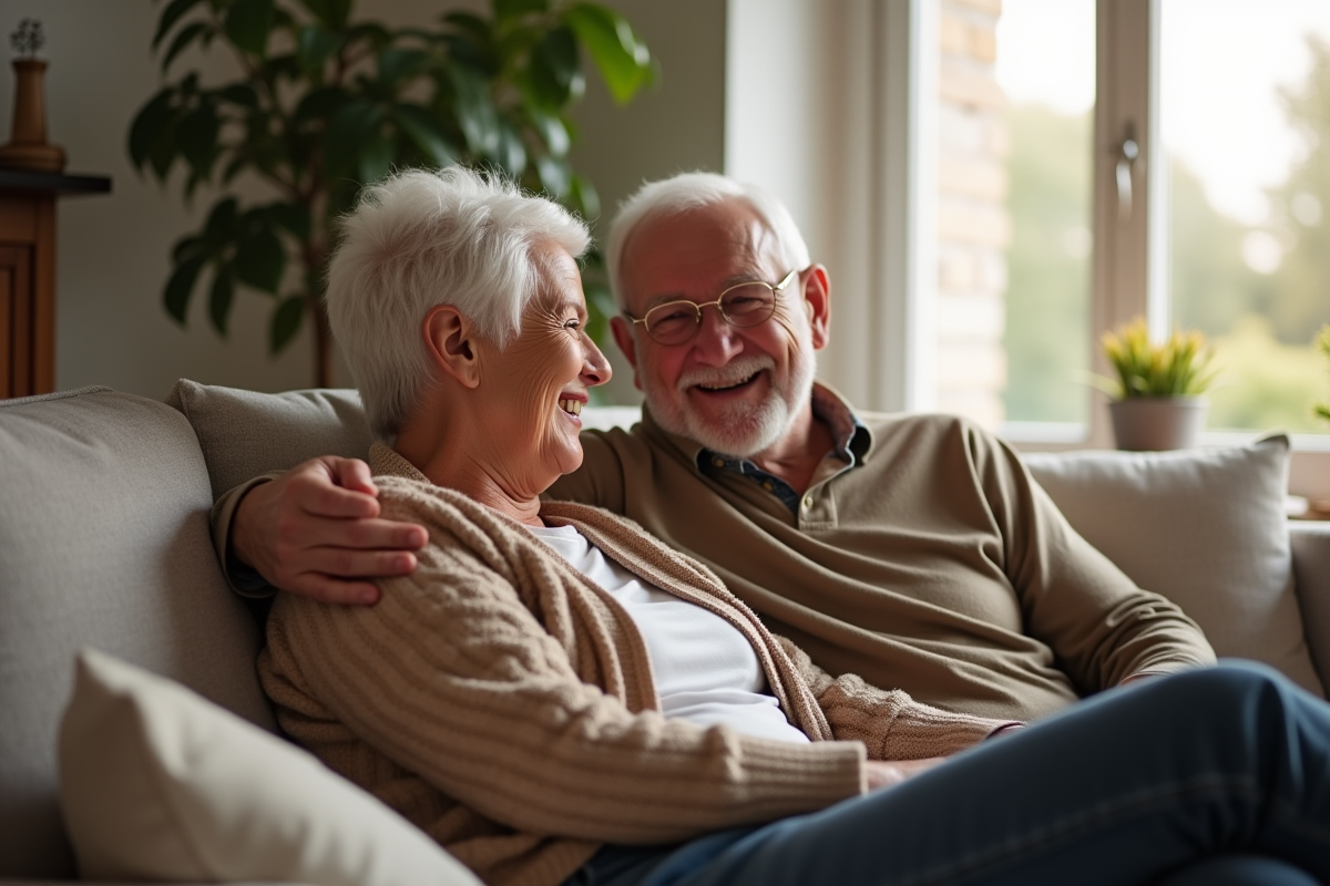Couple âgé souriant dans un salon chaleureux