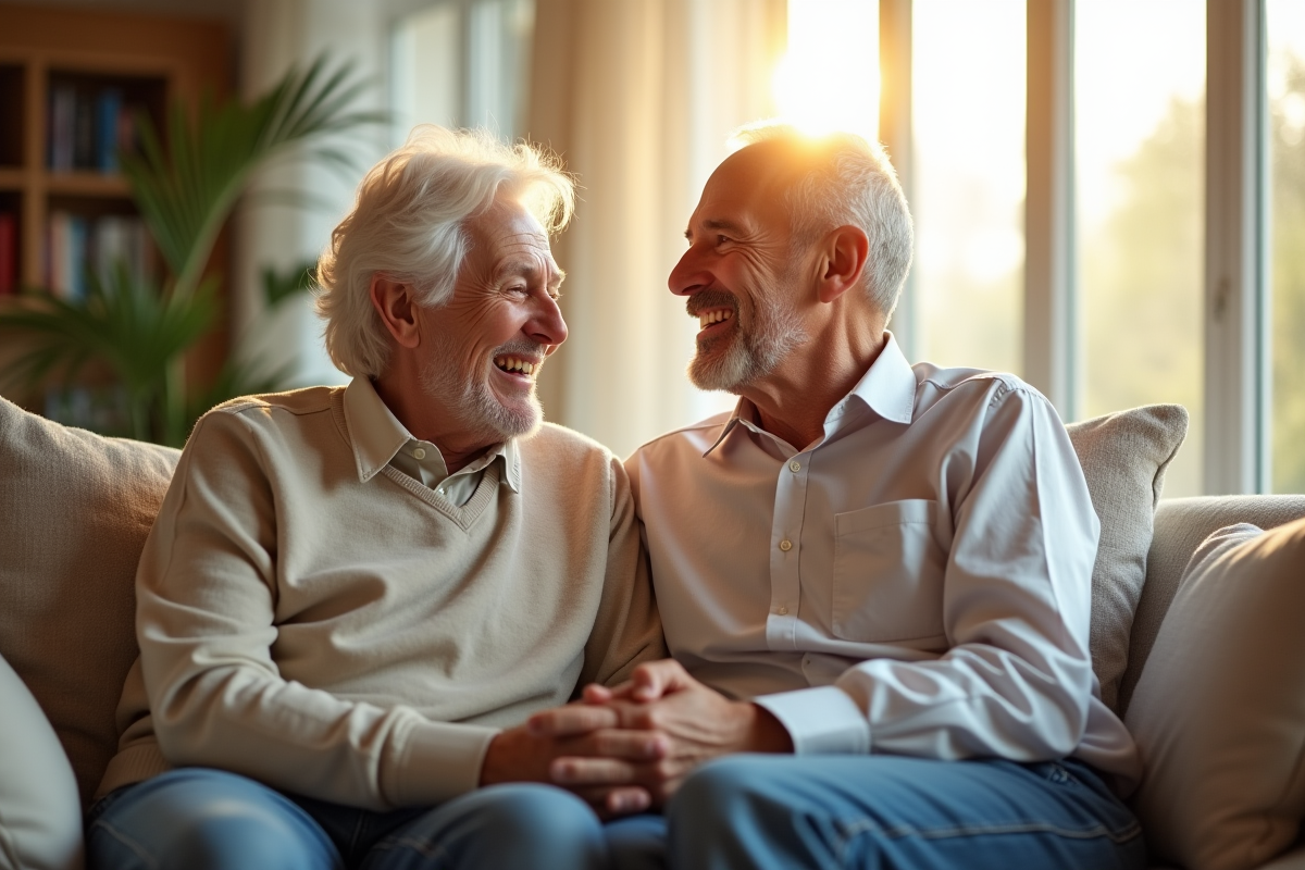 Couple de seniors souriant dans un salon lumineux