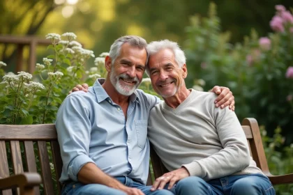 Deux hommes en couple souriant dans un jardin fleuri lors d'une séance photo décontractée