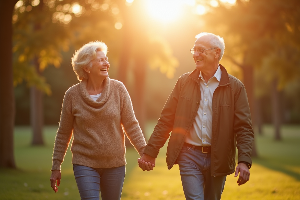 Couple d'âge moyen souriant dans un parc ensoleille