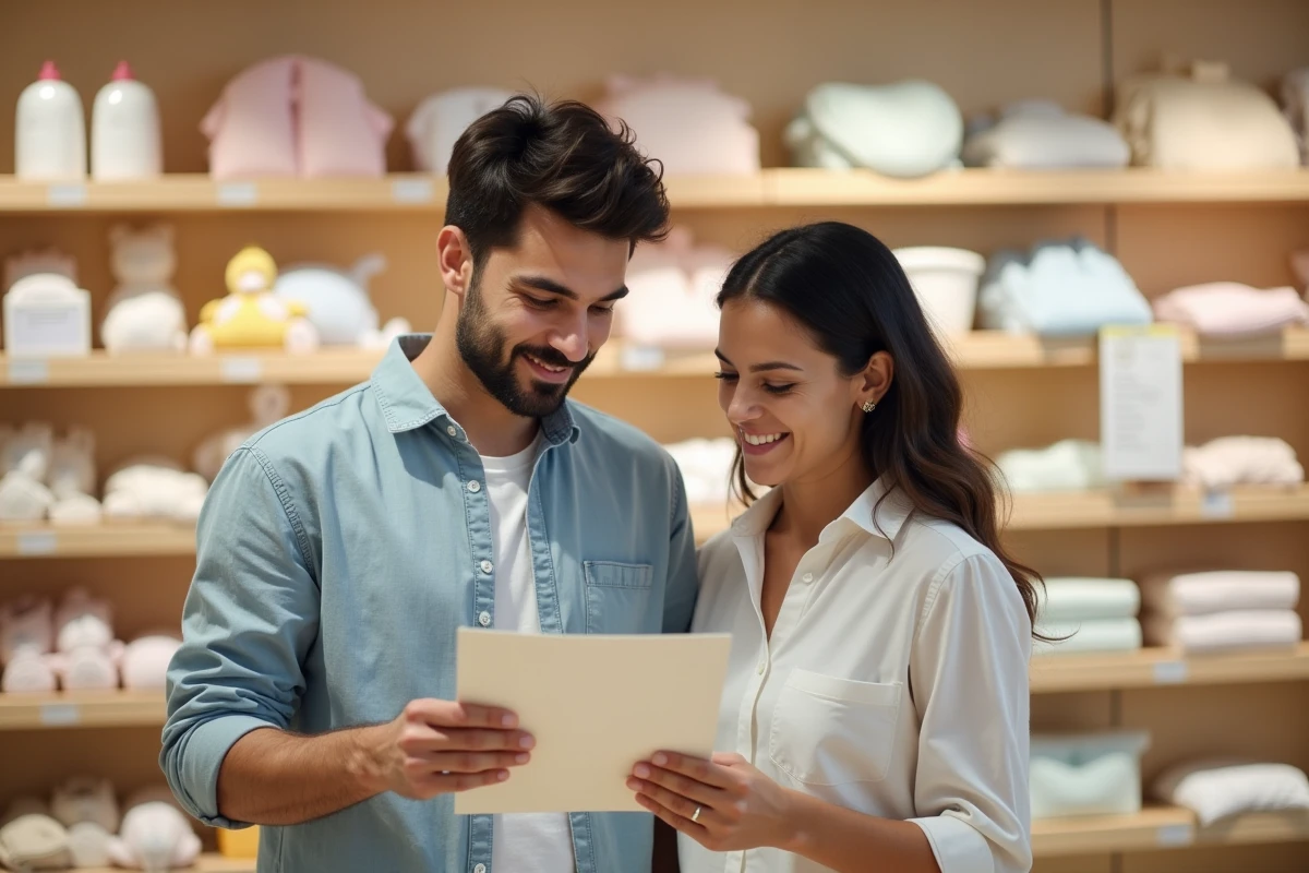 Jeune couple comparant une liste de naissance papier dans un magasin de puériculture