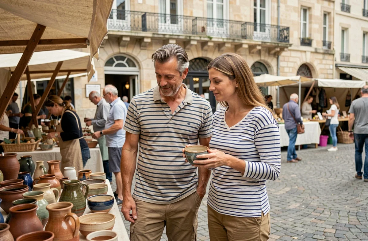 Couple explorant un marché artisanal animé dans une ville de banlieue parisienne, ambiance détendue de week-end en Île-de-France