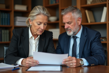 Couple d'adultes en costume examinant un document officiel