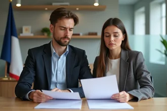 Jeune couple examinant des documents officiels à la mairie