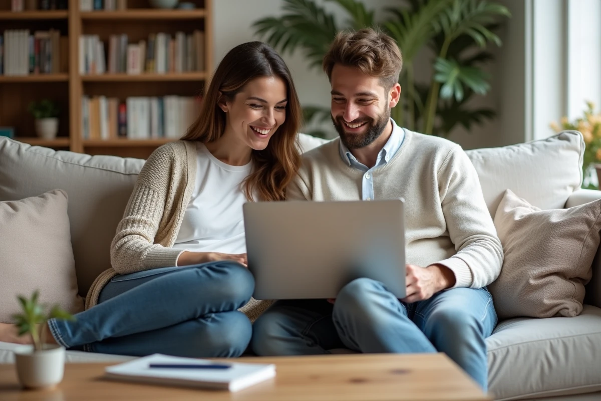 Couple de parents consultant ensemble un blog de parentalité sur un ordinateur portable dans leur salon, partageant un moment de réflexion sur leur vie de famille