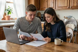Couple de jeunes parents examinant des documents sur le congé parental 2026 ensemble dans leur cuisine