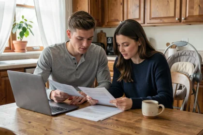 Couple de jeunes parents examinant des documents sur le congé parental 2026 ensemble dans leur cuisine