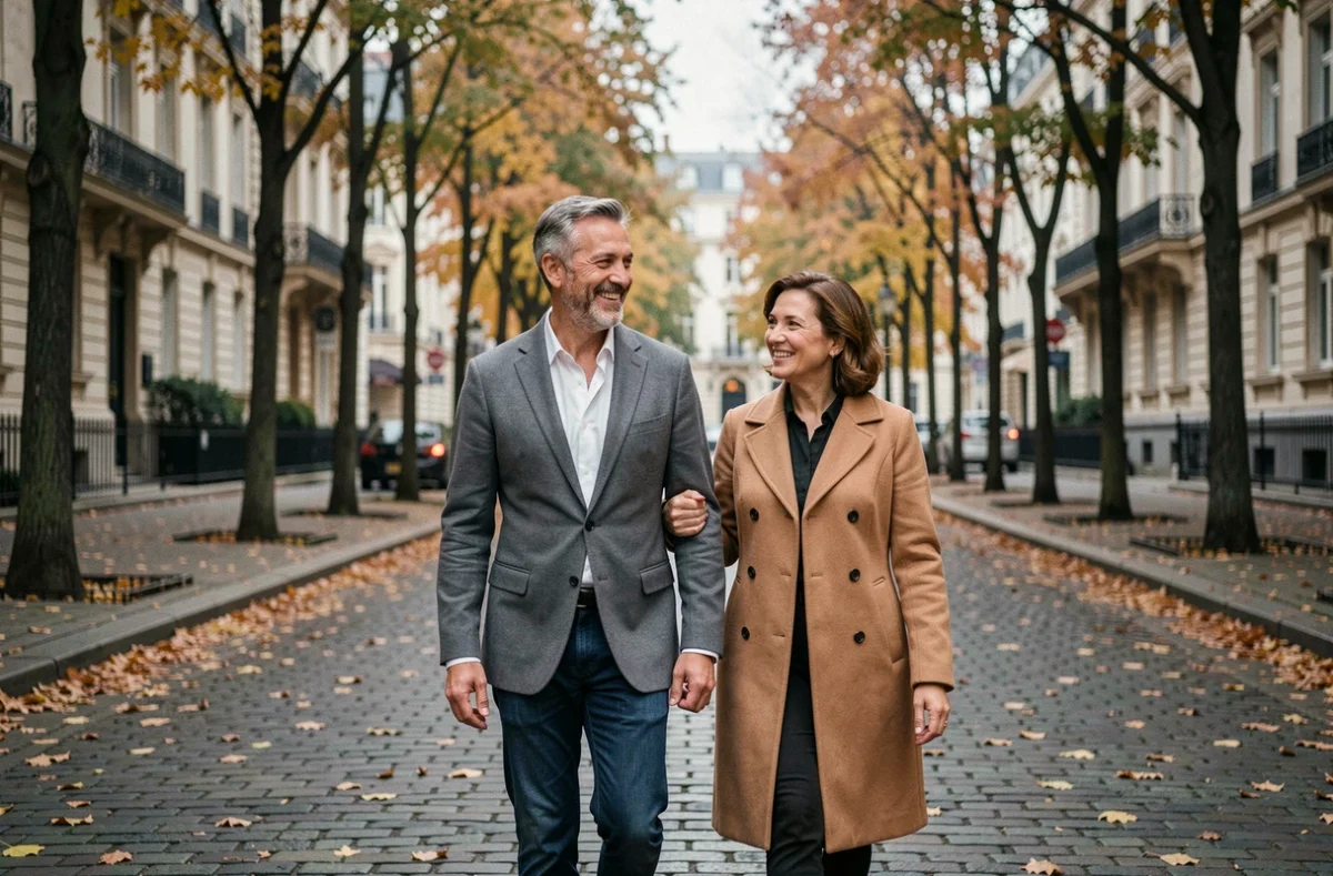 Couple élégant se promenant sur un boulevard parisien en automne, évoquant une relation durable et épanouie