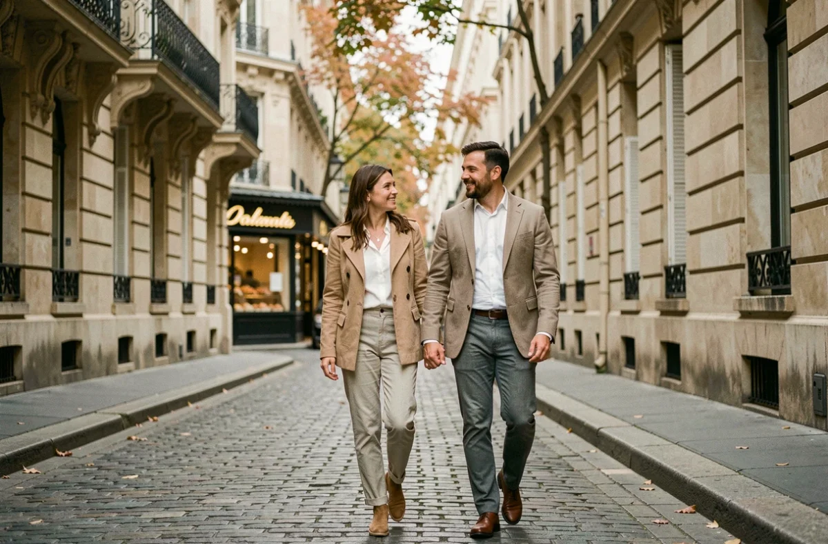 Couple se promenant dans une rue parisienne pavée bordée de façades haussmanniennes en automne