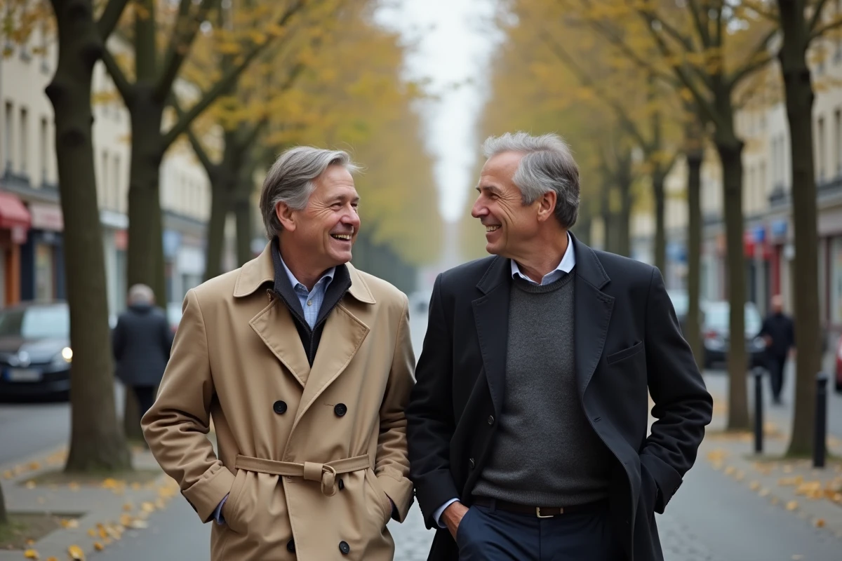 Couple de deux hommes se promenant dans une rue parisienne pour illustration article de presse