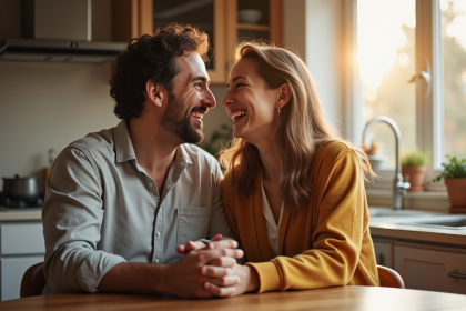 Couple marié riant dans une cuisine lumineuse