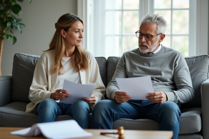 Couple d'âge moyen dans un salon moderne contemplant des documents