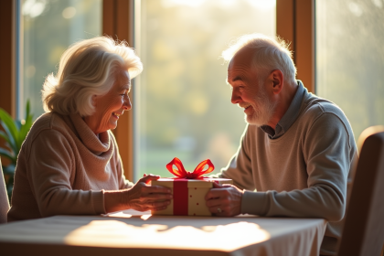 Couple senior souriant en déballant un cadeau à la lumière naturelle