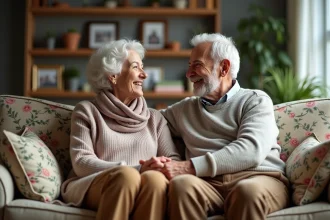 Couple senior souriant sur un sofa vintage dans un salon chaleureux