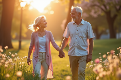 Couple souriant se tenant la main dans un parc en fleurs