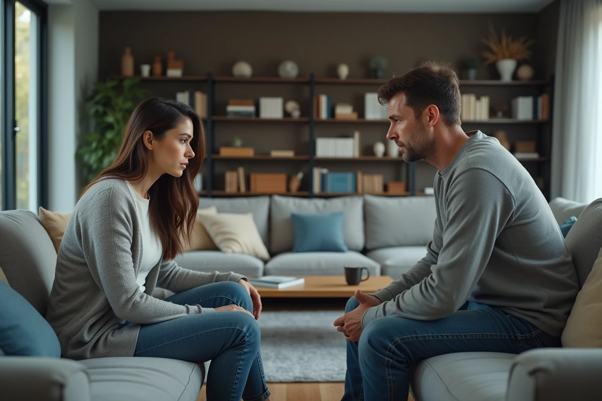 Couple assis aux deux extrémités d'un canapé dans un salon moderne, distance émotionnelle visible, atmosphère de tension et de non-dit entre les partenaires