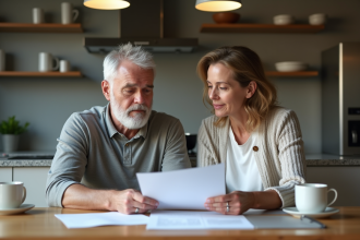 Couple d'âge moyen examinant des papiers dans une cuisine moderne