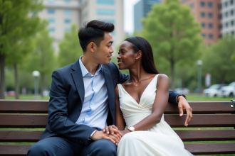 Jeune couple interracial assis sur un banc dans un parc urbain