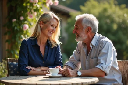 Couple élégant partageant un moment intime sur une terrasse de jardin en France, atmosphère chaleureuse et complice
