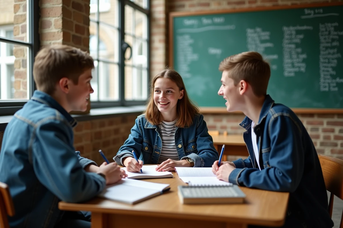 Groupe de trois adolescents dans une salle de classe d'une école de langue à Londres, pratiquant l'anglais pendant les vacances scolaires