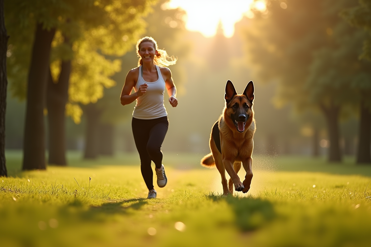 Chien mix German Shepherd Malinois courant avec une femme dans un parc ensoleille