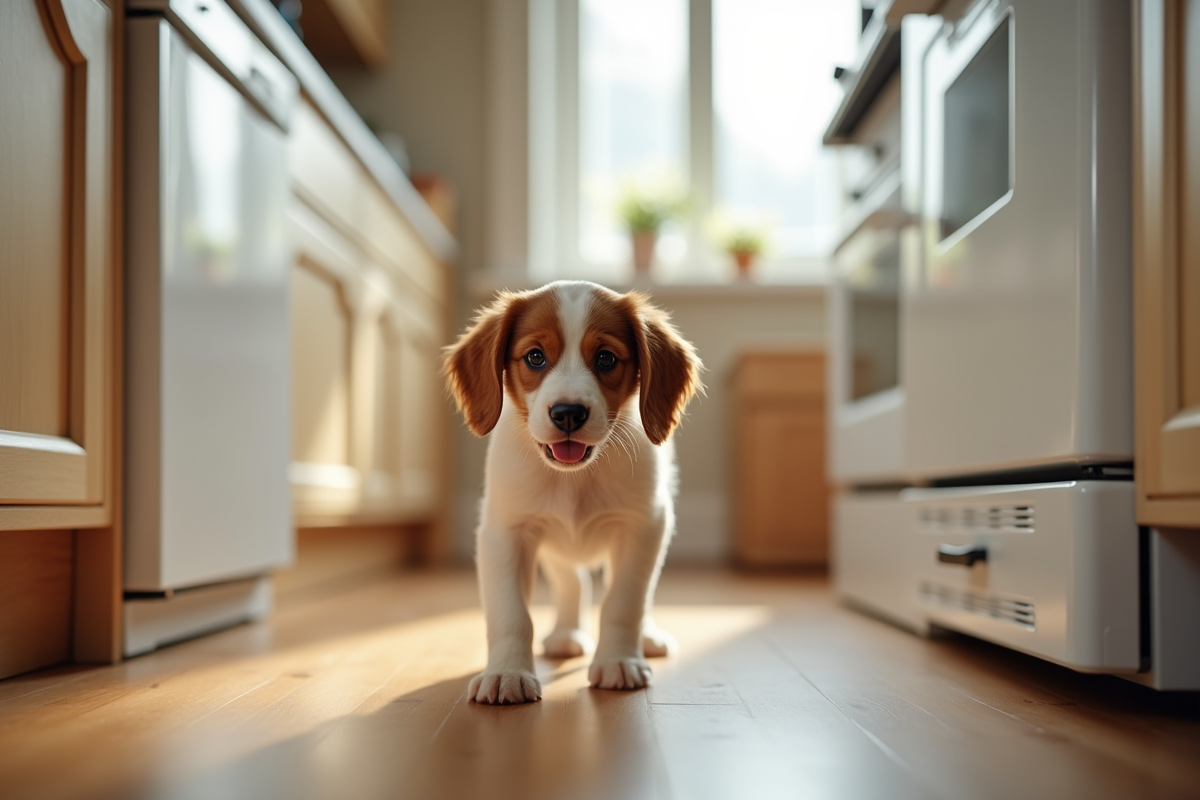 Chiot Brittany Spaniel dans une cuisine sécurisée et propre