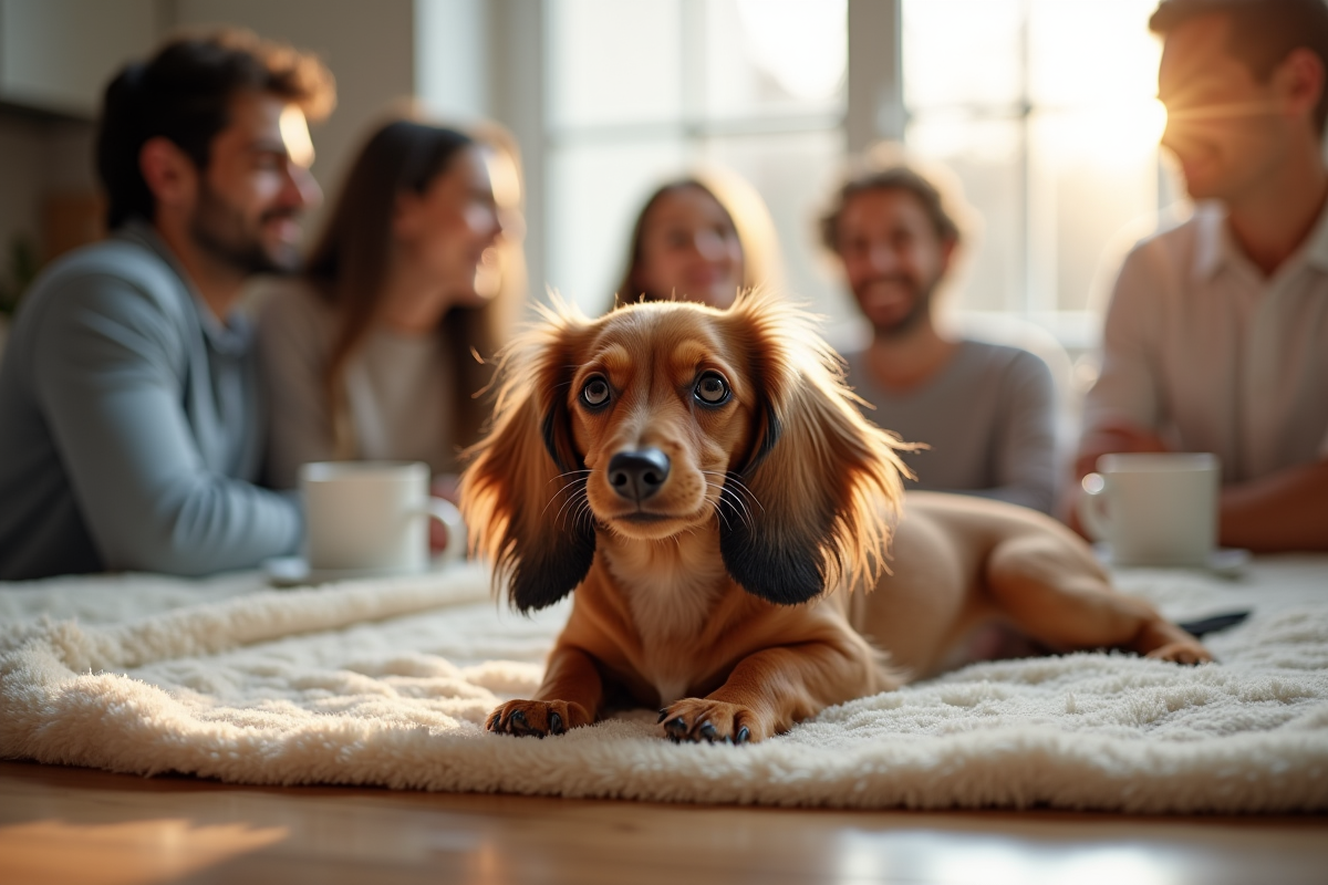 Jeune dachshund longhaire sur une couverture dans la cuisine lumineuse