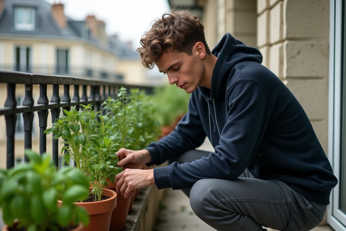 Danseur prenant soin de plantes aromatiques sur un balcon parisien, image symbolisant la protection de sa vie privée et son espace personnel intime