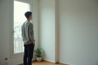 Danseur en tenue décontractée regardant par une fenêtre givrée dans un appartement épuré, illustrant la vie privée et le jardin secret d'un artiste